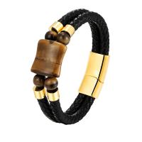Leather Cord Bracelet with Tiger Eye & 316L Stainless Steel plated fashion jewelry & Unisex Sold By PC