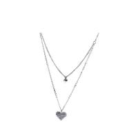 Titanium Steel Necklace, with 7.7cm extender chain, Heart, platinum color plated, Double Layer & fashion jewelry & micro pave cubic zirconia & for woman, silver color, Length:Approx 45.5 cm, Sold By PC