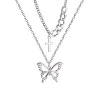 Multi Layer Necklace, Tibetan Style, with 6.2cm extender chain, Butterfly, high quality silver color plated, Double Layer & fashion jewelry & for woman, silver color, nickel, lead & cadmium free, 25mm, Length:Approx 40.2 cm, Approx 47 cm, Sold By PC
