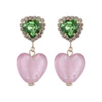 Rhinestone Earring Zinc Alloy with Lampwork Heart gold color plated fashion jewelry & for woman & with rhinestone nickel lead & cadmium free 41mm Sold By Pair