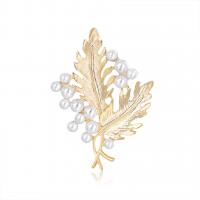 Tibetan Style Brooches, with Plastic Pearl, Leaf, gold color plated, for woman, white, nickel, lead & cadmium free, 36x50mm, Sold By PC