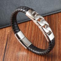 ПУ шнур браслеты, Искусственная кожа, с Нержавеющая сталь 304, полированный, ювелирные изделия моды & Мужский, черный, длина:21 см, продается PC