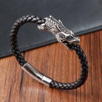 PU Cord Armband, med 304 rostfritt stål, Draken, polerad, mode smycken & för människan, svart, Längd 21 cm, Säljs av PC