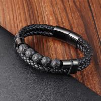 PU Leather Cord Bracelets with Natural Stone & 304 Stainless Steel plumbum black color plated fashion jewelry & for man black Length 21 cm Sold By PC
