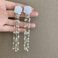 Fashion Fringe Earrings Zinc Alloy with Resin Flower gold color plated fashion jewelry & for woman white nickel lead & cadmium free 105mm Sold By Pair
