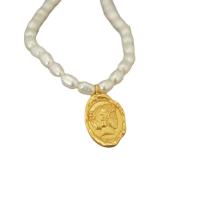 Freshwater Pearl Brass Chain Necklace, Pérolas de água doce, with cobre, cromado de cor dourada, joias de moda & para mulher, branco, 15mm, comprimento 42 cm, vendido por PC