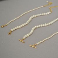Freshwater Pearl Brass Chain Necklace, Pérolas de água doce, with cobre, cromado de cor dourada, joias de moda & para mulher, branco, 190mm, vendido por PC