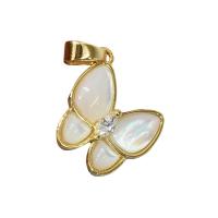 Messing Pendel, med White Shell, Butterfly, 18K forgyldt, Micro Pave cubic zirconia, 15.80x14.90mm, Solgt af PC