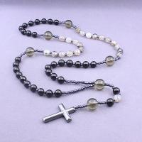 Rosary Necklace, Black Agate, with Iron Rock & Dragon Veins Agate, Unisex, black, Length:Approx 26.77 Inch, Sold By PC
