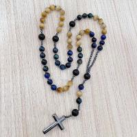 Rosary Necklace, Tiger Eye, with Iron Rock, Unisex, mixed colors, Length:Approx 26.77 Inch, Sold By PC