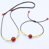 Gemstone Bracelets Red Agate with Knot Cord & Cats Eye Round Adjustable & Unisex Sold By PC