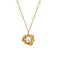 Collar de Acero Titanio, Partículas de acero, con Perlas plásticas, con 5cm extender cadena, Flor, para mujer, dorado, 17x16mm, longitud:aproximado 40 cm, Vendido por UD