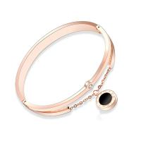 Titanium Steel Bracelet & Bangle, with Cubic Zirconia & Shell, Flat Round, Vacuum Ion Plating, for woman, rose gold color, 11mm, Inner Diameter:Approx 160mm, Sold By PC