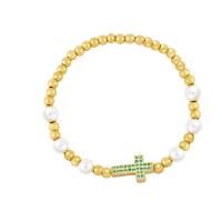 Cubic Zirconia Micro Pave Brass Bracelet with Plastic Pearl Cross gold color plated micro pave cubic zirconia & for woman nickel lead & cadmium free Length 7.1 Inch Sold By PC