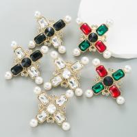 Zinc Alloy Stud Earring with Plastic Pearl Cross gold color plated fashion jewelry & for woman & with rhinestone nickel lead & cadmium free 62mm Sold By Pair