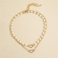 Zinc Alloy Jewelry Necklace with Plastic Pearl with 2.76inch extender chain Heart gold color plated Double Layer & for woman & with rhinestone golden nickel lead & cadmium free Length Approx 14.57 Inch Approx 16.93 Inch Sold By PC