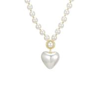 Plastic Pearl Necklace, with Tibetan Style, with 5cm extender chain, Heart, gold color plated, fashion jewelry & for woman & with rhinestone, white, Length:Approx 45 cm, Sold By PC