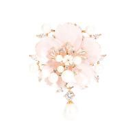 Shell Brooch, Brass, with White Shell & Plastic Pearl, Flower, plated, micro pave cubic zirconia & for woman, more colors for choice, 42x55mm, 10PCs/Lot, Sold By Lot