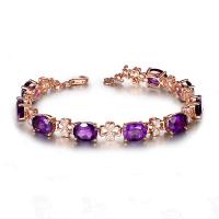 Cubic Zirconia Micro Pave Brass Bracelet, with Amethyst, Four Leaf Clover, 18K rose gold plated, micro pave cubic zirconia & for woman, nickel, lead & cadmium free, Length:Approx 6.3 Inch, Sold By PC
