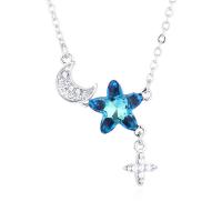 Austrian Crystal Necklace, Tibetan Style, with Czech Rhinestone & Austrian Crystal, with 5cm extender chain, Moon and Star, platinum plated, for woman & faceted, more colors for choice, nickel, lead & cadmium free, 27mm, Length:Approx 40 cm, Sold By PC