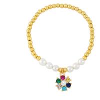 Cubic Zirconia Micro Pave Brass Bracelet, with Plastic Pearl, Flower, gold color plated, micro pave cubic zirconia & for woman, more colors for choice, nickel, lead & cadmium free, 15x12mm, Length:7.1 Inch, Sold By PC