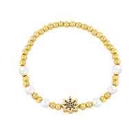 Cubic Zirconia Micro Pave Brass Bracelet with Plastic Pearl Leaf gold color plated elastic & micro pave cubic zirconia & for woman nickel lead & cadmium free Length 6.3 Inch Sold By PC