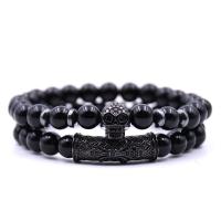 Gemstone Bracelets, Brass, with Black Stone, 2 pieces & Unisex & micro pave cubic zirconia, more colors for choice, 8mm, Length:Approx 7.48 Inch, Sold By Set