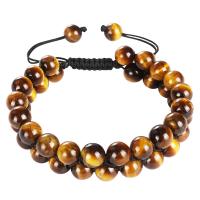 Bracelets Woven Ball pierres précieuses, oeil de tigre, avec Cordon de noeud, Double couche & bijoux de mode & unisexe, 22mm, Longueur:Environ 7.5-11.8 pouce, Vendu par PC