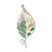 Cubic Zirconia Brooch Brass with Plastic Pearl Leaf real gold plated fashion jewelry & micro pave cubic zirconia & for woman silver color nickel lead & cadmium free Sold By PC