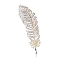 Cubic Zirconia Brooch, Brass, Feather, real gold plated, fashion jewelry & micro pave cubic zirconia & for woman, golden, nickel, lead & cadmium free, 21x66mm, Sold By PC