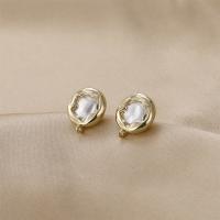 Brass Earring Stud Component, with Shell, Round, gold color plated, DIY, golden, nickel, lead & cadmium free, 14mm, Sold By PC