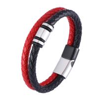 Cuir bracelet, avec Acier inoxydable 316, Double couche & bijoux de mode & longueur différente pour le choix & pour homme, noir et rouge, 12mm, Vendu par PC