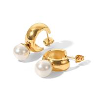 Freshwater Pearl Örhängen, 304 rostfritt stål, med Freshwater Pearl, mode smycken & polerad & för kvinna, gyllene, 27x10mm, Säljs av Par