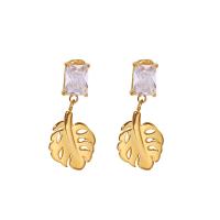 Stainless Steel Drop Earring 304 Stainless Steel Leaf Vacuum Ion Plating fashion jewelry & polished & for woman & with cubic zirconia golden Sold By Pair
