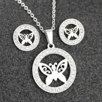 Fashion Stainless Steel Jewelry Sets Stud Earring & necklace 304 Stainless Steel polished 2 pieces & butterfly design & for woman & with rhinestone original color 24mm 14mm Length Approx 19.69 Inch Sold By Set