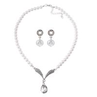 Rhinestone Jewelry Sets, Stud Earring & necklace, Tibetan Style, with Plastic Pearl, with 2.36 inch extender chain, 2 pieces & for woman & with rhinestone, white, 22mm, Length:Approx 18.11 Inch, Sold By Set