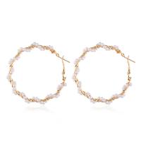 Zinc Alloy Hoop Earring with Plastic Pearl gold color plated & for woman white Sold By Pair
