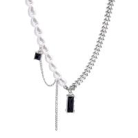 Пластиковый жемчужное ожерелье, титан, с ABS пластик жемчужина, с 5cm наполнитель цепи, полированный, ювелирные изделия моды & Женский & с кубическим цирконием, серебряный, 115mm, Продан через 30 см Strand