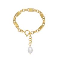 Bracelet en perles de culture d'eau douce, Acier titane, avec perle d'eau douce cultivée, avec 3cm chaînes de rallonge, pour femme, doré, 8x12mm, Longueur:Environ 15 cm, Vendu par PC