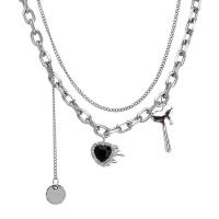 Multi Layer Necklace, Titanium Steel, with Tibetan Style, with 5cm extender chain, Heart, silver color plated, Double Layer & fashion jewelry & adjustable & for woman, silver color, Length:41 cm, 42 cm, Sold By PC