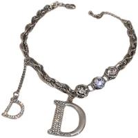 Titanium stål halskæde, med Zinc Alloy, med 5cm extender kæde, Letter D, sølvfarvet forgyldt, mode smykker & justerbar & for kvinde & med rhinestone, sølv, Længde 17.5 cm, Solgt af PC