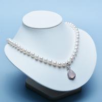 Freshwater Pearl Mässing Chain Necklace, med Pink Agate & Mässing, Dropp, silver pläterad, för kvinna & med strass, vit, 8-9mm, Längd 17 inch, Säljs av PC