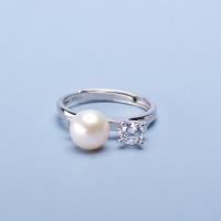 Freshwater Pearl Finger Ring, with Brass, Round, silver color plated, Adjustable & for woman & with rhinestone, silver color, 7-8mm, Sold By PC