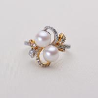 Freshwater Pearl Finger Ring Brass with Freshwater Pearl Round plated for woman & with rhinestone white nickel lead & cadmium free 6-7mm Sold By PC