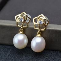 Freshwater Pearl Earrings, with Brass, gold color plated, for woman & with rhinestone, white, 8-9mm, Sold By Pair