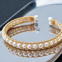 Freshwater Pearl Cuff Bangle with Brass gold color plated & for woman white 5-6mm 9-10mm Length 7.1 Inch Sold By PC