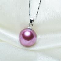 Freshwater Pearl Pendants with Brass Round silver color plated for woman purple 12mm Sold By PC
