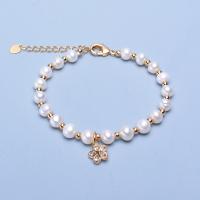 Freshwater Cultured Pearl Bracelet Freshwater Pearl with Brass Flower gold color plated for woman & with rhinestone white 6-7mm Length 7.1 Inch Sold By PC