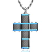 Stainless Steel Jewelry Necklace, 316L Stainless Steel, with Carbon Fibre, Cross, polished, fashion jewelry & different styles for choice & for man, blue, 26x35mm, Length:Approx 23.62 Inch, Sold By PC