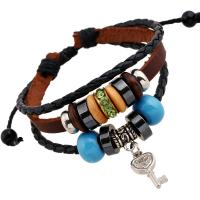 Cowhide Bracelet with Linen & Wood & Zinc Alloy with 9-10cmX2 extender chain mixed colors vintage & multilayer & adjustable silver color plated Key 6mm Approx 17 cm  Sold By PC